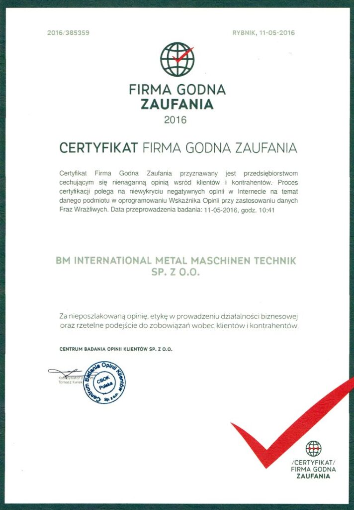 PORTA FORTE - Bramy Ogrodzenia - certyfikat01